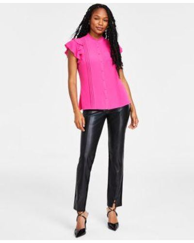 Cece Pin Tuck Ruffled Blouse Faux Leather Slit Hem leggings - Pink