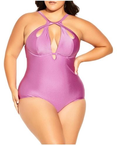 City Chic Plus Size Cancun Underwire Shine 1 Piece Swimsuit - Pink