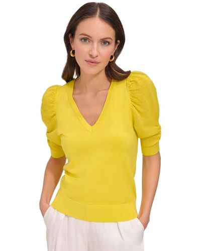 DKNY Puff-sleeve V-neck Sweater - Yellow