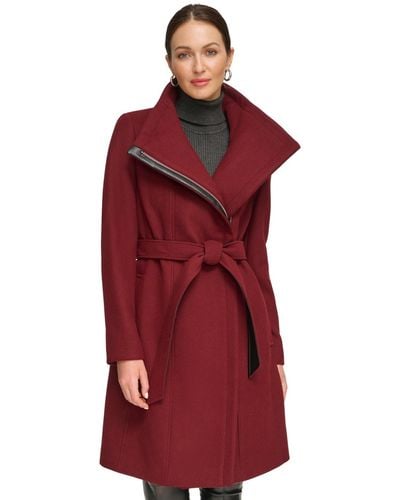 DKNY Asymmetrical Belted Funnel-neck Wool Blend Coat - Red