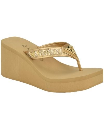 Guess Demmey Logo Thong Square Toe Wedge Sandals - White