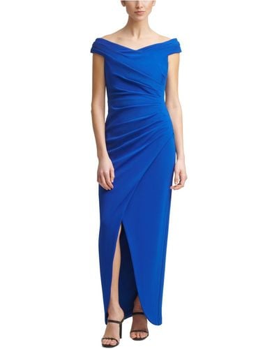 Calvin Klein Off-the-shoulder Ruched Gown - Blue