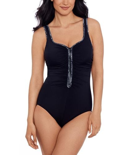 Swim Solutions Shirred Zip-front One-piece Swimsuit - Blue