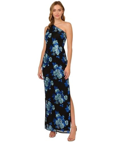 Adrianna Papell Floral Sequin One-shoulder Dress - Blue