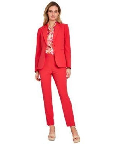 Tahari Two Button Rolled Sleeve Jacket Sleeveless Printed Bow Neck Blouse Classic Straight Leg Pants - Red