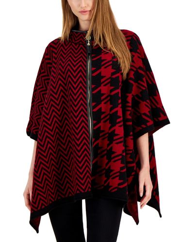 Anne Klein Houndstooth Mixed-print Zip-up Cape Sweater - Red