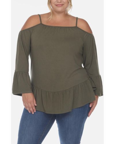 White Mark Plus Size Cold Shoulder Ruffle Sleeve Top - Green