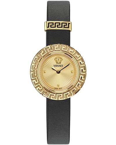 Versace Swiss Black Leather Strap Watch 28mm - Metallic