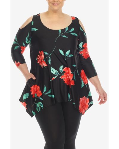 White Mark Plus Size Floral Printed Cold Shoulder Tunic Top - Red