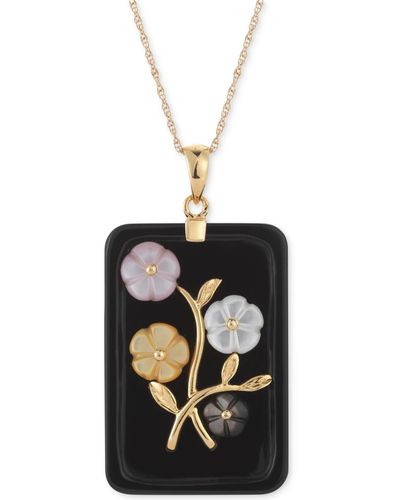 Macy's Jade Or Onyx Carved Flower Pendant Necklace (25x38mm) In Gold-plated Sterling Silver - Black