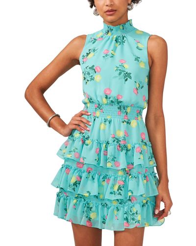 1.STATE Floral Smocked Sleeveless Mock Neck Tiered Mini Dress - Blue