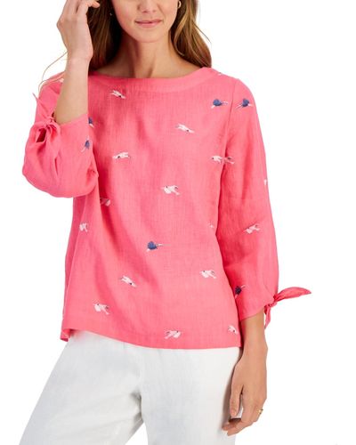 Charter Club 100% Linen Flight Pattern Embroidered Blouse - Pink