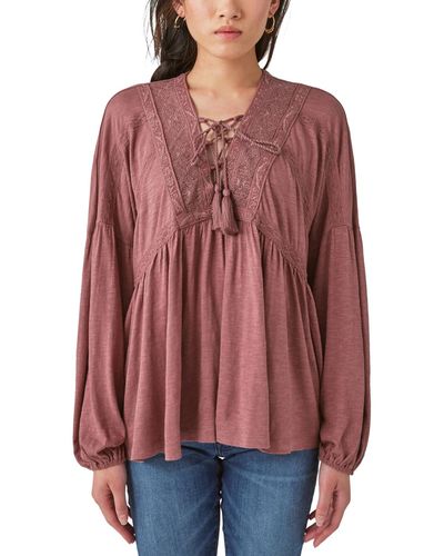 Lucky Brand Tie-neck Lace-trim Peasant Top - Red