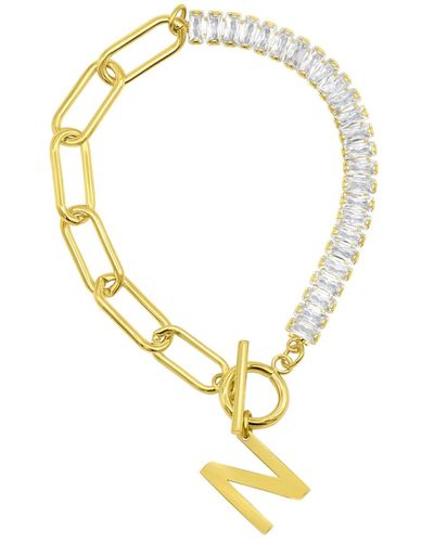 Adornia 14k Gold-plated Half Crystal And Half Paperclip Initial toggle Bracelet - Metallic