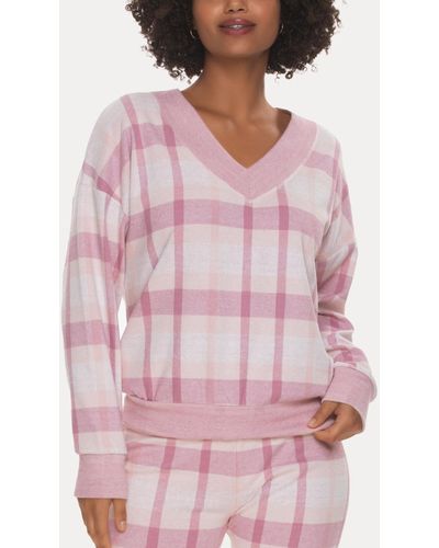 Felina Aurora Plaid V-neck Sweatshirt - Pink