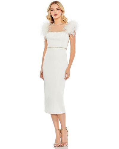 Mac Duggal Feather Cap Sleeve Pearl Embellished T-length Fit Dress - White