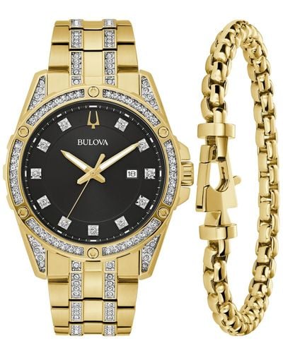 Bulova Classic Crystal Gold-tone Stainless Steel Bracelet Watch Box Set 43mm - Metallic