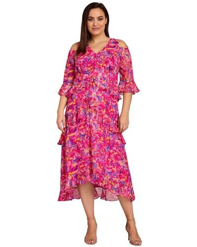 Tahari Plus Size Printed Cold-shoulder Tiered Ruffled Maxi Dress - Pink