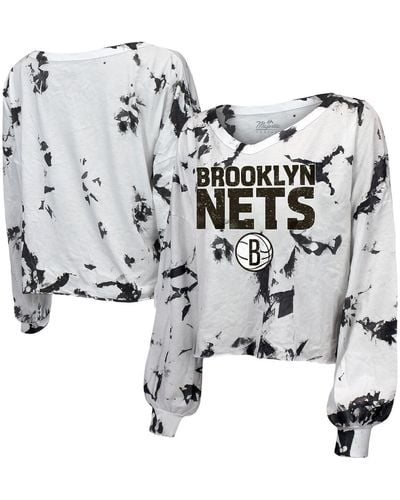 Majestic Threads White And Black Brooklyn Nets Aquarius Tie-dye Cropped V-neck Long Sleeve T-shirt