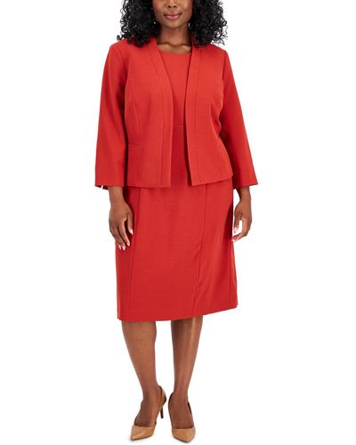 Le Suit Plus Size Crepe Open Front Jacket And Crewneck Sheath Dress Suit - Red