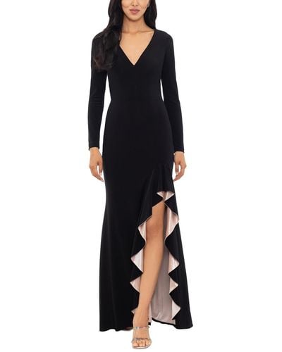 Xscape Long-sleeve Draped Contrast-slit Dress - Black