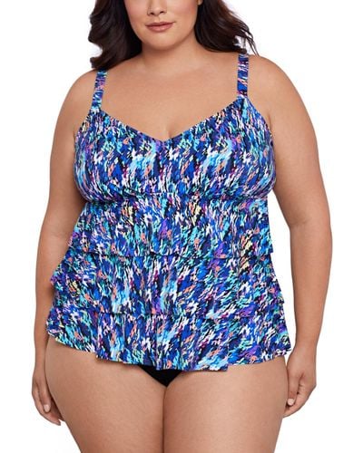 Swim Solutions Plus Size Printed Tiered Fauxkini One-piece Swimsuit - Blue