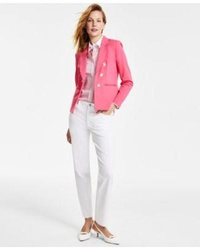 Jones New York Open Front Blazer Striped Contrast Trim Button Front Cotton Top Lexington Mid Rise Straight Leg Jeans - Pink
