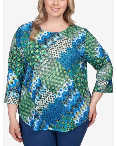 Ruby Rd. Plus Size Mixed Bohemian Geo Patchwork Top - Blue