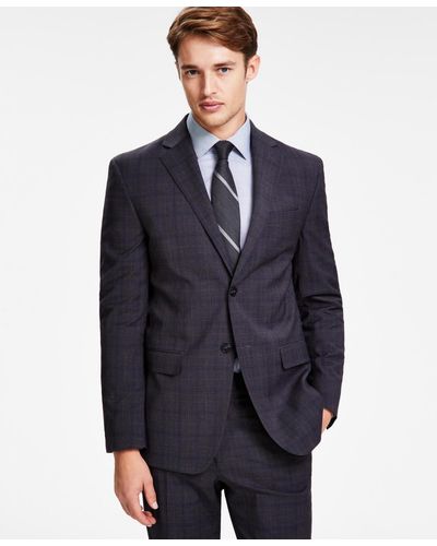 DKNY Modern-fit Stretch Gray Plaid Suit Jacket - Blue