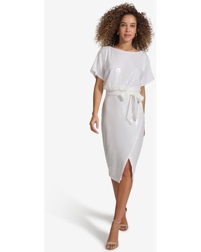 Kensie Sequined Mesh Dolman-sleeve Belted Dress - White