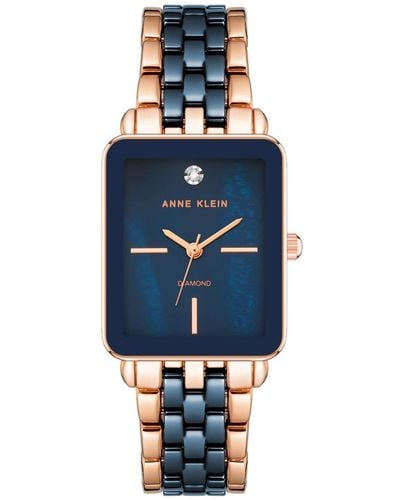 Anne Klein Three Hand Quartz Rose Gold-tone Alloy And Navy Ceramic Link Bracelet Watch - Blue
