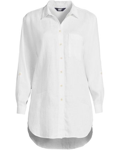 Lands' End Plus Size Linen Roll Sleeve Over D Relaxed Tunic Top - White