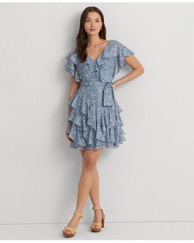 Lauren by Ralph Lauren Ruffled Chiffon Fit & Flare Dress - Blue