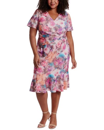 London Times Plus Size Twisted Floral Fit & Flare Dress - Red