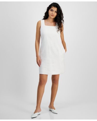 BarIII Square Neck Sleeveless Linen-blend Shift Dress - White
