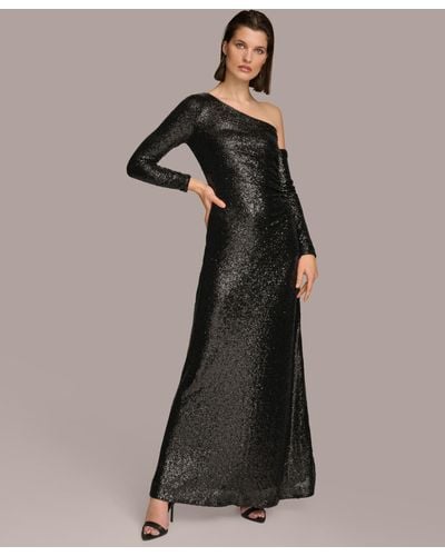 Donna Karan Sequin One-shoulder Gown Dress - Black