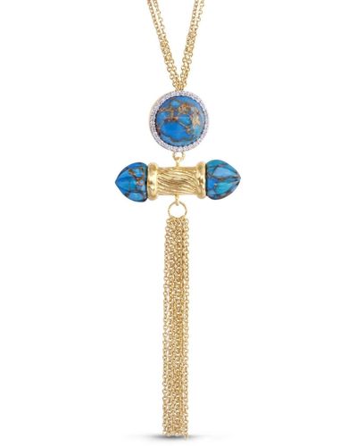 LuvMyJewelry Sunkissed Design Gold Plated Silver Turquoise Gemstone Diamond Fringe Necklace - White