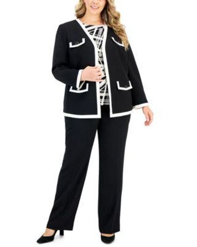 Kasper Plus Size Tipped Open Front Jacket Abstract Print Side Tie Top Straight Leg Pants - Black