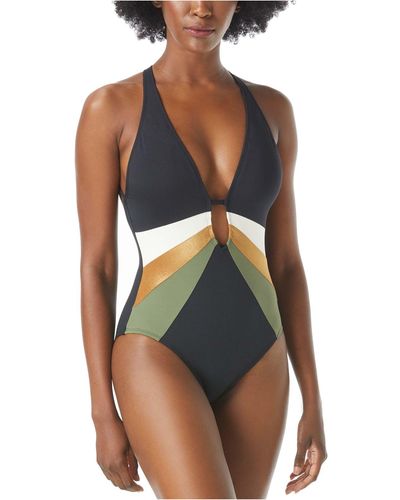 Vince Camuto Gold Shimmer Colorblocked Plunging V-neck One-piece Swimsuit - Black