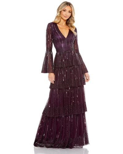 Mac Duggal Embellished Bell Sleeve Tiered Gown - Purple