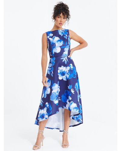 Quiz Floral High Neck Dip Hem Dress - Blue