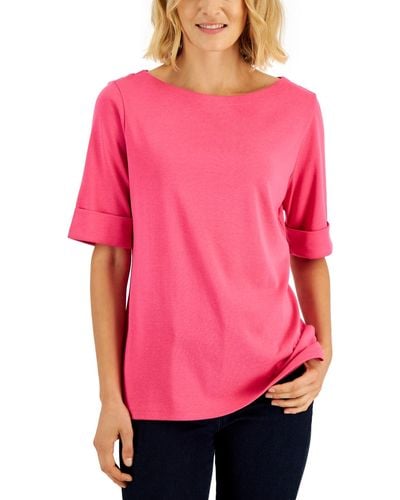 Karen Scott Petite Cotton Elbow-sleeve T-shirt, Created For Macy's - Pink
