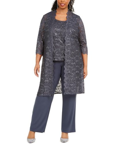 R & M Richards 3-pc. Plus Size Sequined Lace Pantsuit & Shell - Gray