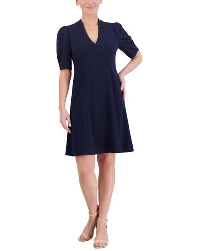 Jessica Howard V-neck Short-sleeve Princess-seam A-line Dress - Blue