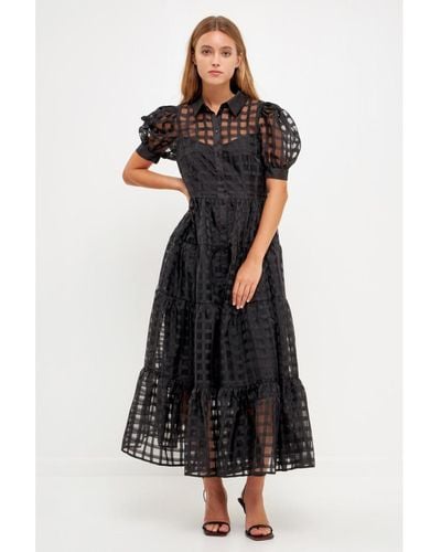 English Factory Gridded Organza Tiered Maxi Dress - Black
