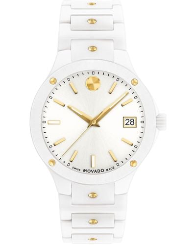 Movado Se Swiss Quartz White Ceramic Yellow Pvd Bracelet Watch 33mm