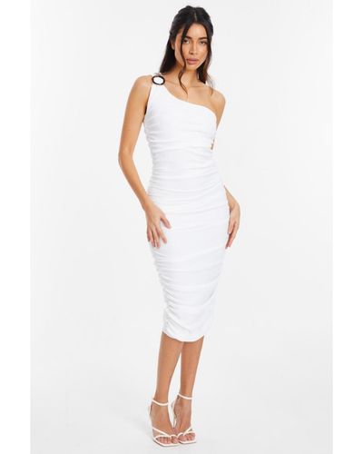 Quiz Textured Buckle Detail One-shoulder Midi Dress - White