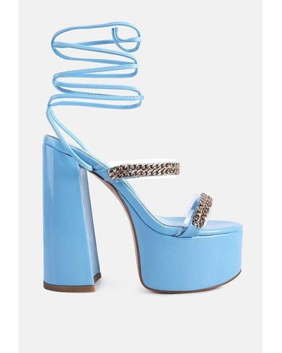 LONDON RAG Indulgence Metal Chain Lace Up Chunky Sandals - Blue