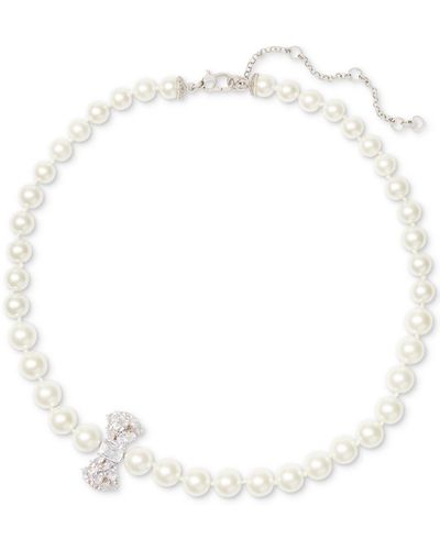 Kate Spade Silver-tone Cubic Zirconia Bow Imitation Pearl Strand Necklace - White