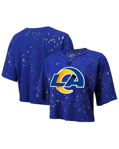 Majestic Threads Distressed Los Angeles Rams Bleach Splatter Notch Neck Crop T-shirt - Blue
